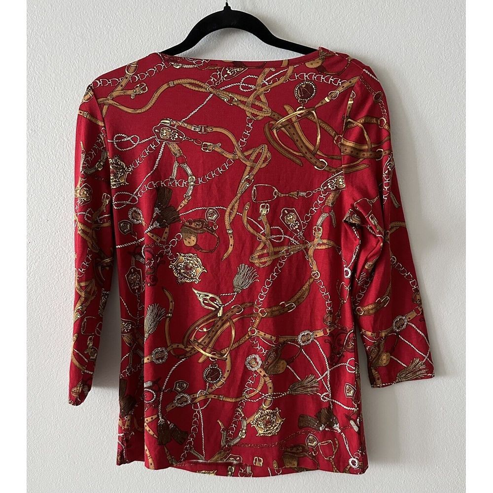 Talbots Top Womens S Equestrian Pattern Stirrups Bits  3/4 Sleeve Red - Picture 2 of 4